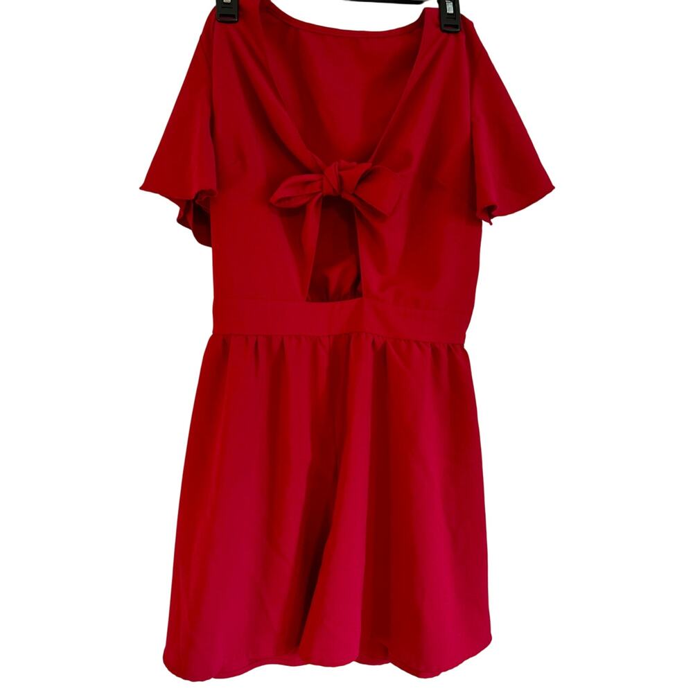 Red Short Sleeve Open-Back Bow Romper